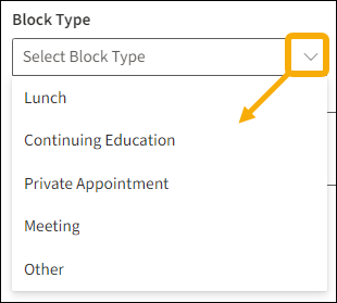 Block Type field with yellow highlight box around the drop down arrow showing the menu list with a yellow arrow pointing towards the options.